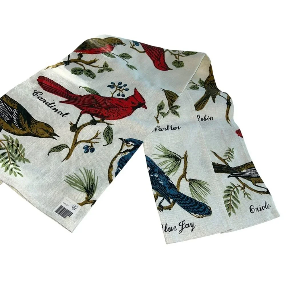 Vintage LINEN NEW red green BIRDS titles print one tea dish towel